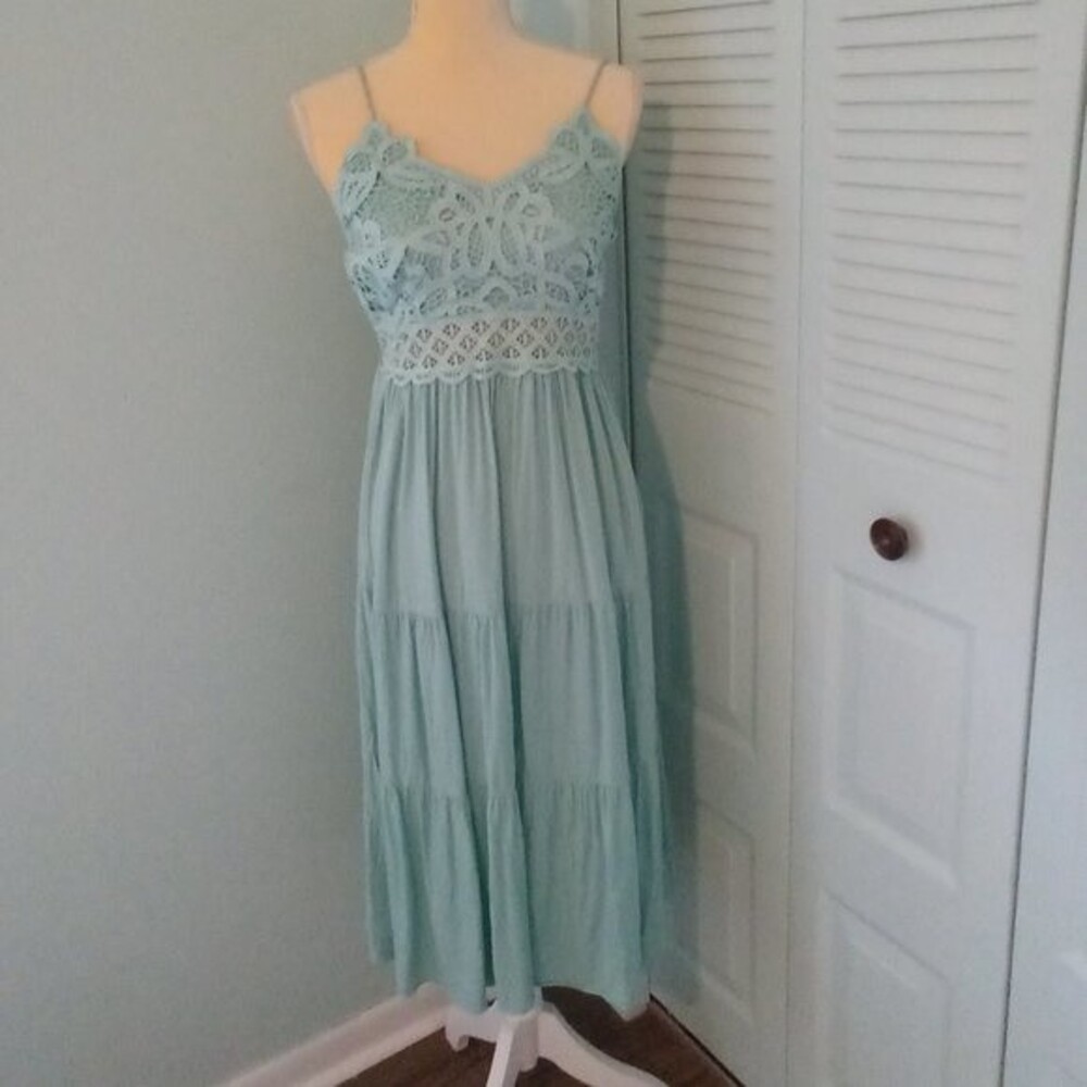 DOKURITO Crochet Lace Maxi Boho Tiered Blue Dress, Size S, 100% Viscose
